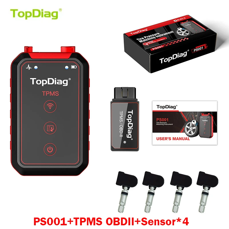 TopDiag PS001 자동차 TPMS 진단 타이어 압력 도구, TPMS OBDII 키트, 모든 TPMS 센서 프로그램 재학습 활성화