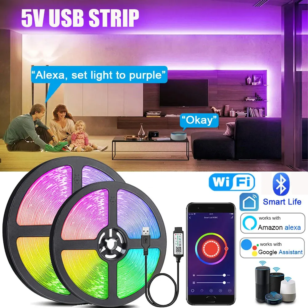 

5V RGB 5050 LED Light Strip USB Wifi Bluetooth Remote Control Flexible Lamp Tape Ribbon Diode For Festival Party TV Desk Bedroom