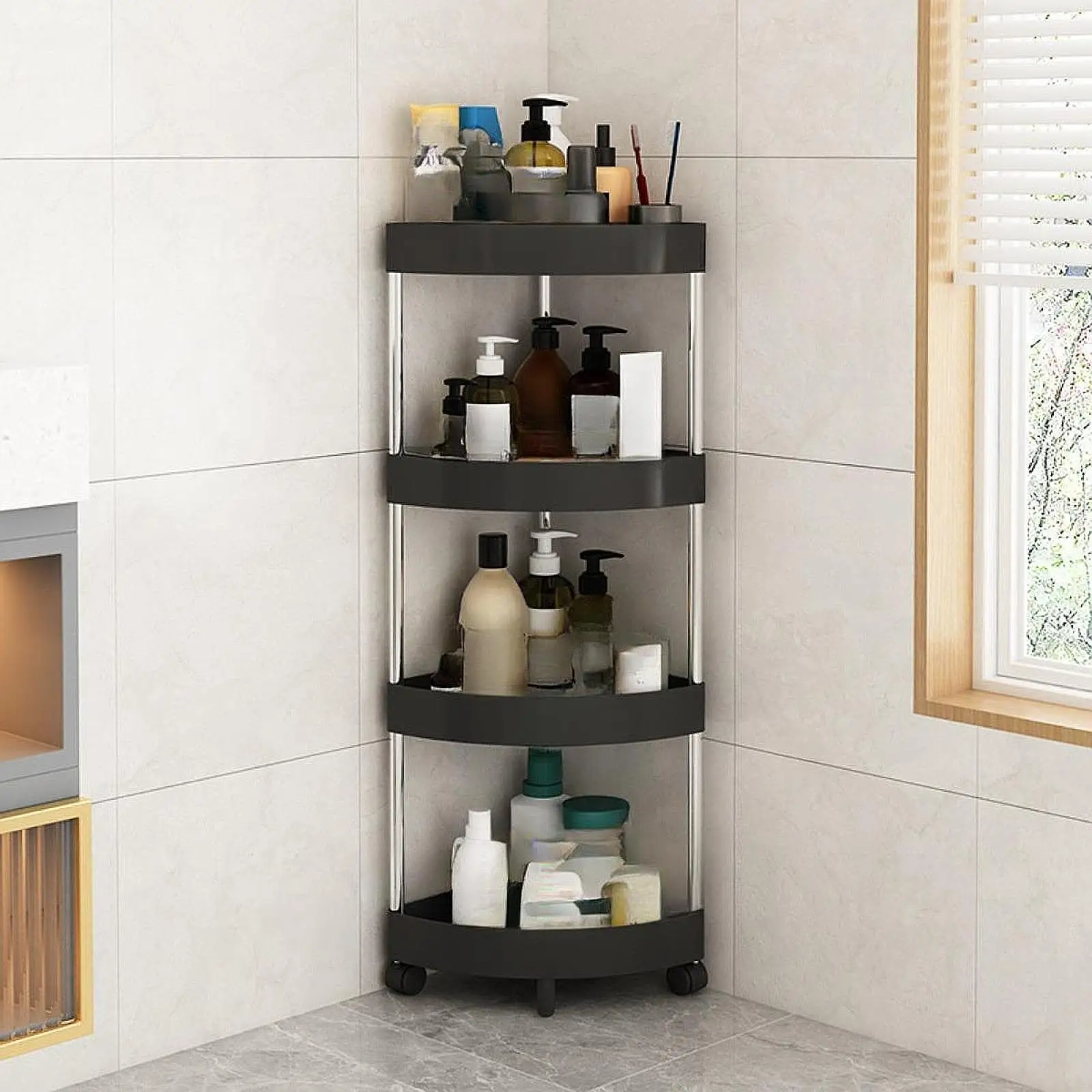 4-Layer Multipurpose Plastic Corner Rack Metal Pipe Floor Corner Shelf Basket