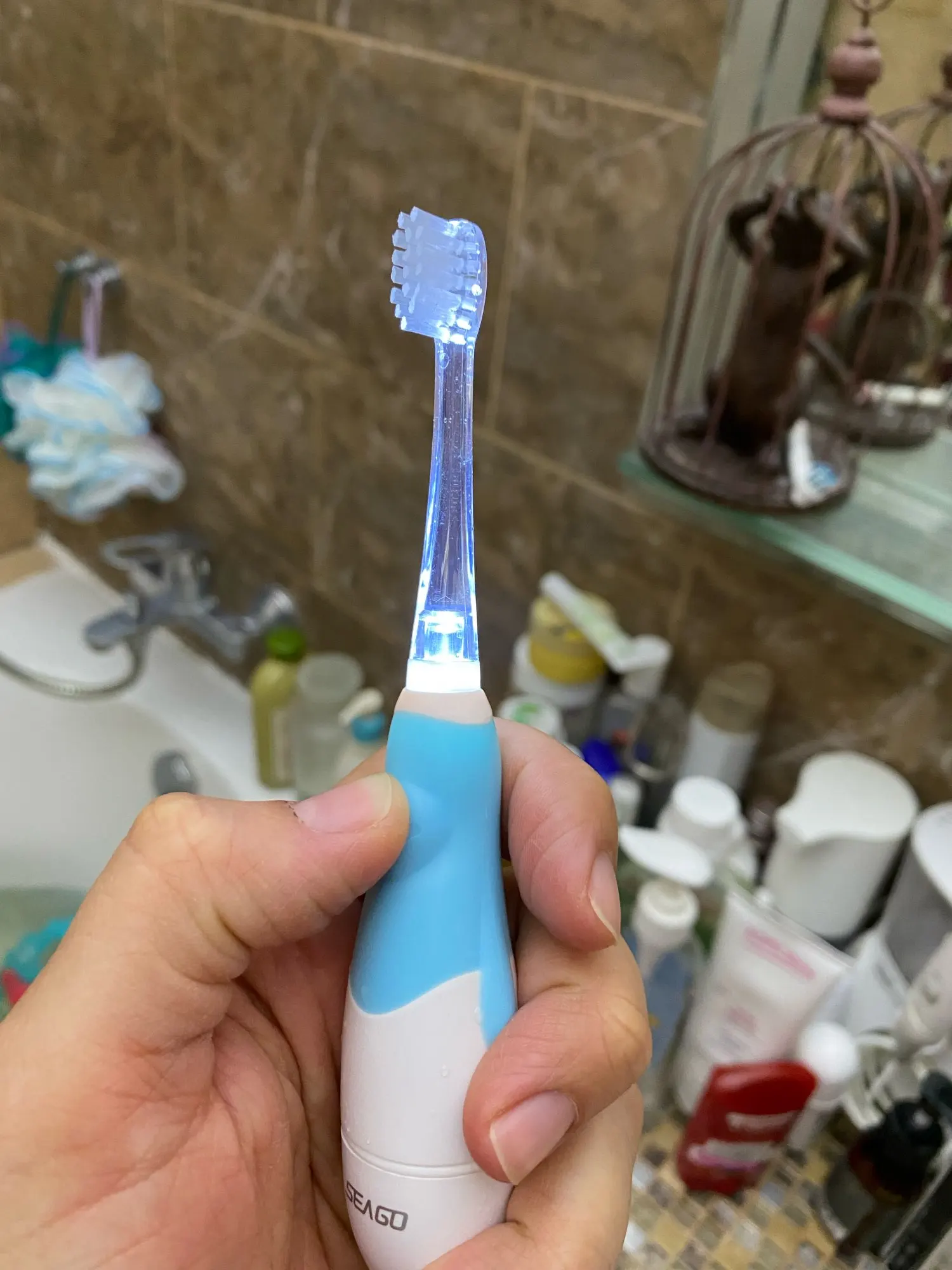 Seago Children Sonic Electric Toothbrush Battery Power LED Light Smart Timer Waterproof IPX7 Replaceable Dupont Brush Head SG513