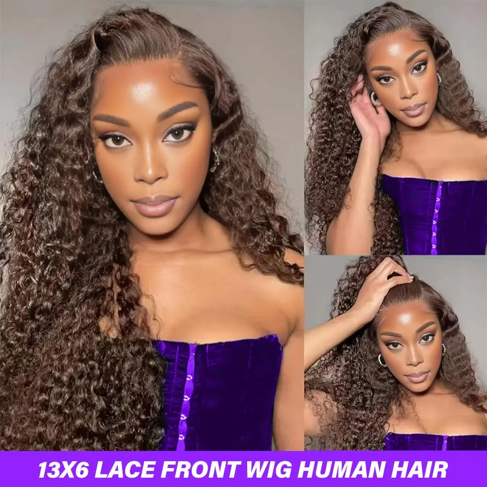 Chocolate Brown Deep Wave Glueless Human Hair Wig 13x4 HD Lace Front 250% Density Pre Plucked With Baby Hair Put On Go Wig 5