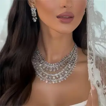 Luxury Dubai Wedding Bride 4PCS Full Set Jewelry Zirconia Double Layer Necklace Arabian White CZ Crystal Jewelry Set for Women 1