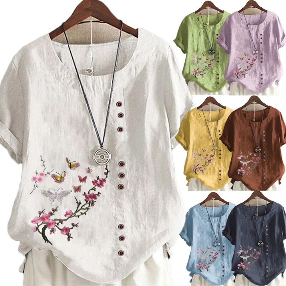 

2024 Women's New Summer Fashion Casual Loose Round Neck Printed T-shirt Short Sleeve Top Loose Shirt Plus Size Available