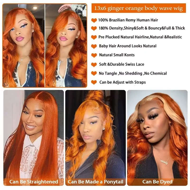 200 Density 350 Orange Ginger Body wave 13x6 Lace Frontal Wig Orange Color 13x4 Lace Frontal Human Hair Wigs For Woman 28inch