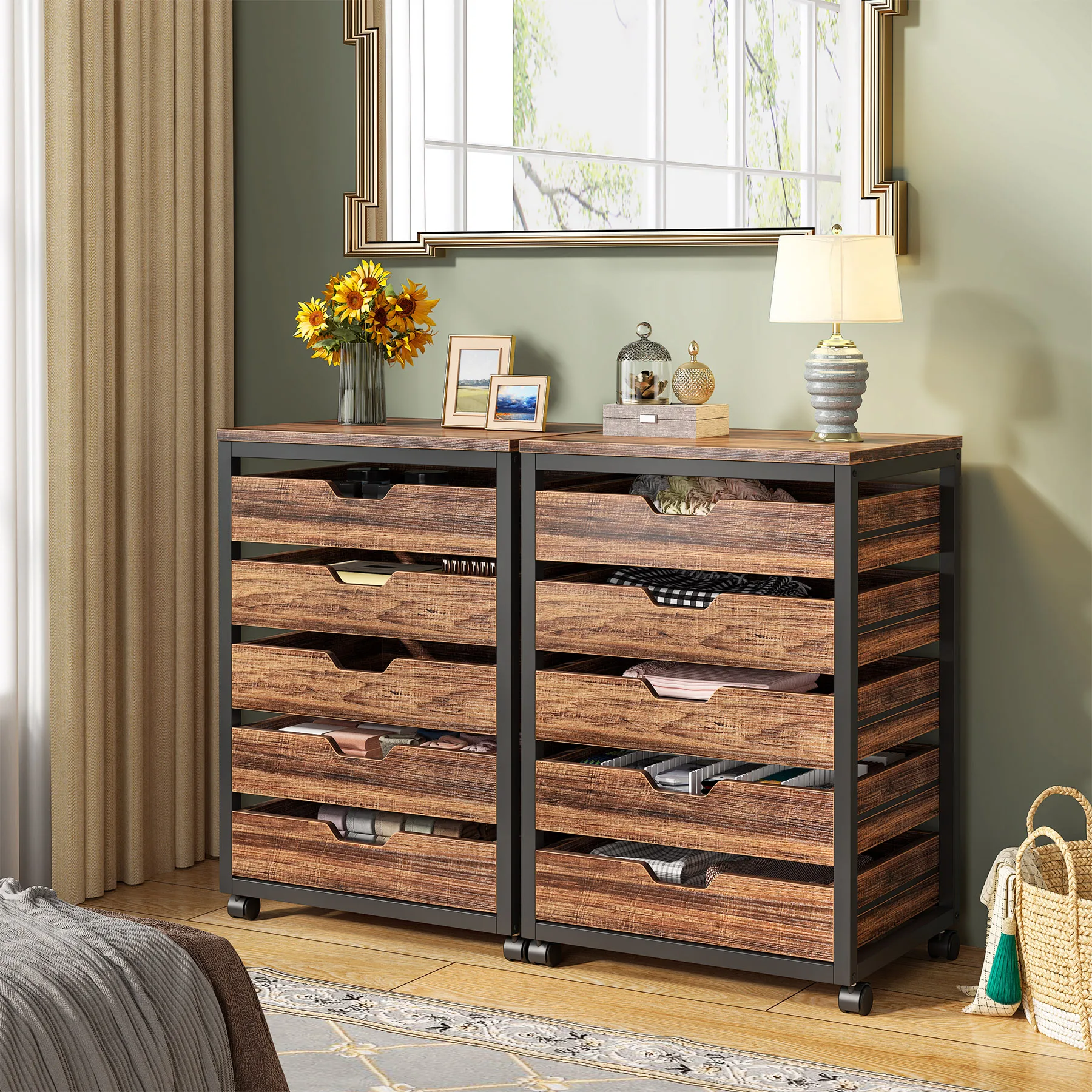 Tribesigns 5-Drawer File Cabinet, Wood Mobile Storage Drawer Unit, Industrial Office Cabinet with Drawers & Wheels