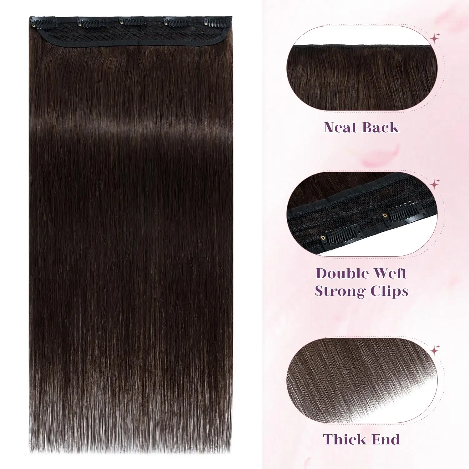 One Piece Hair Extensions Clip Ins Human Hair 5 Clips 3/4 Full Head Clip On Dark Brown Color Remy Extensions For Women