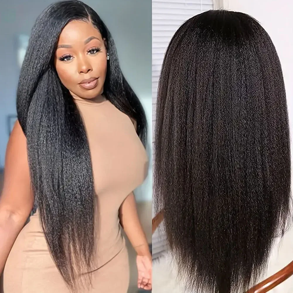40Inches Kinky Straight Put On And Go Human Hair Wig 4C Yaki Straight 13x4 HD Glueless Lace Frontal Wigs for Women Pre Plucked 1