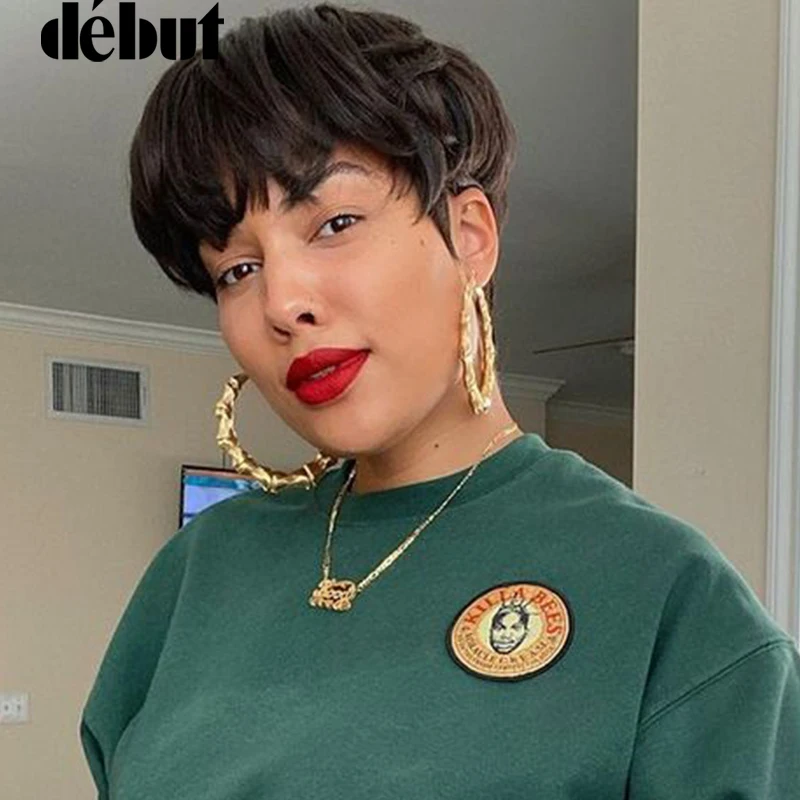 Honey Blond Short Bob Pixie Cut Top Lace Transparent Brazilian Human Hair Wig With Bangs For Black Women