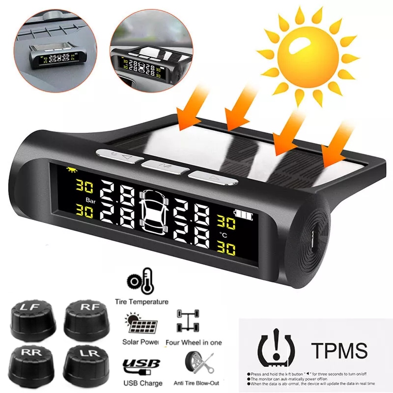 Solar Tire Pressure Monitor System Car Universal Wireless TPMS Real-Time Tyre Pressure Temperature Safety Alarm External Sensor