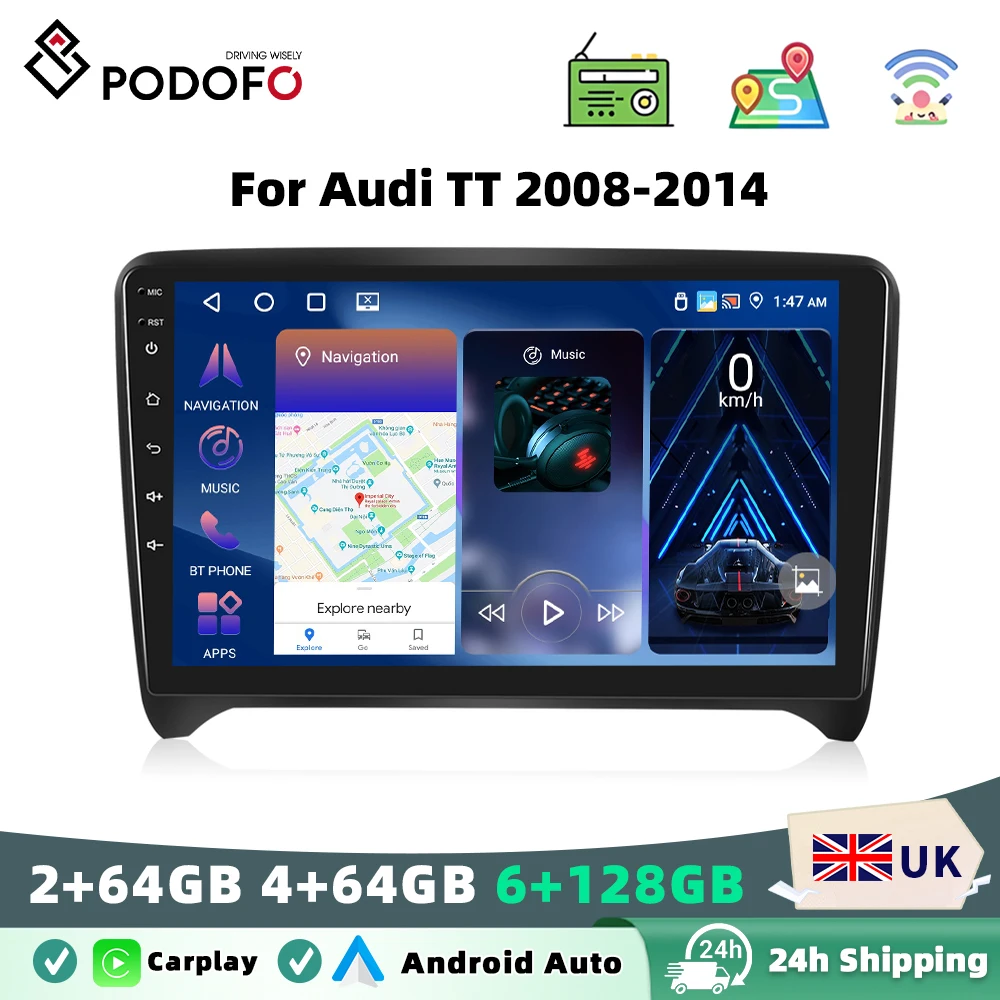 Podofo For Audi TT 2008-2014 Android Car Radio 2 Din Multimedia Stereo GPS Navi Head Unit Carplay Intelligent Systems