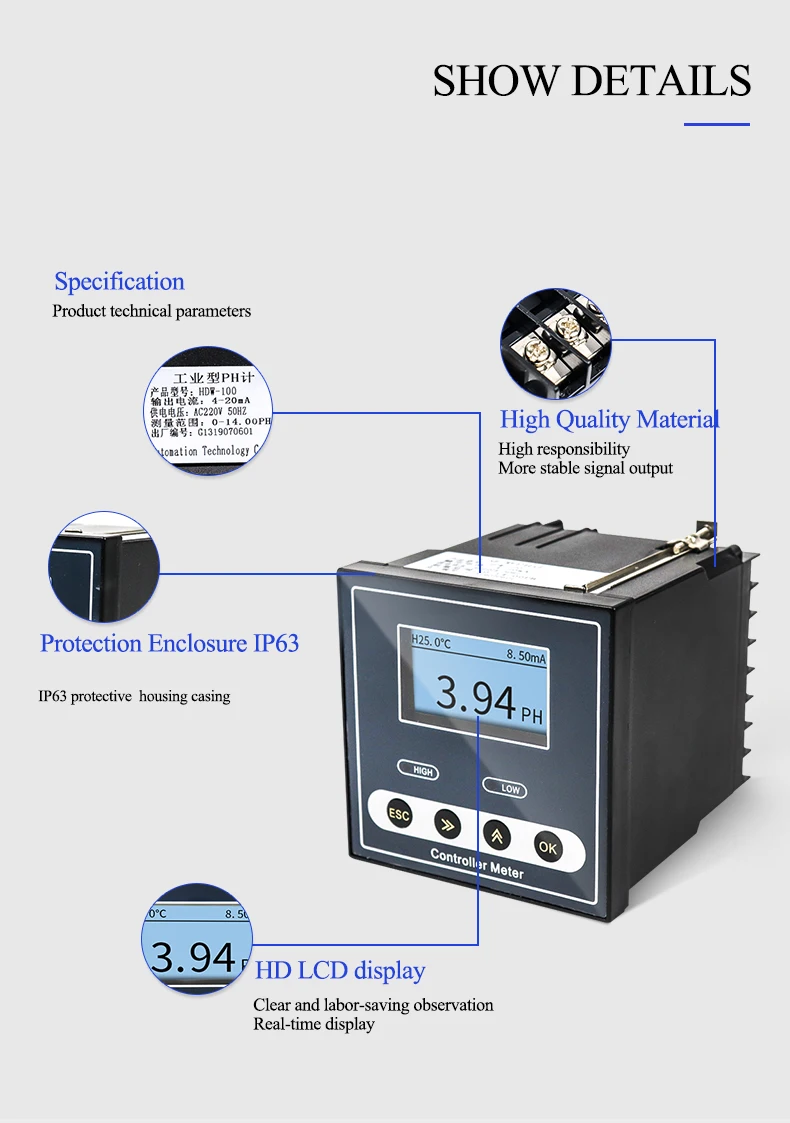 Industrial Online PH Meter PH Controller ORP Sensor Electrode Probe Tester Conti