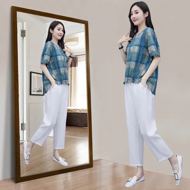 Casual Two Piece Set Short Sleeved Sports Summer New Running Cropped Pants and Trousers Suit Blue Purple Red Black Clothes