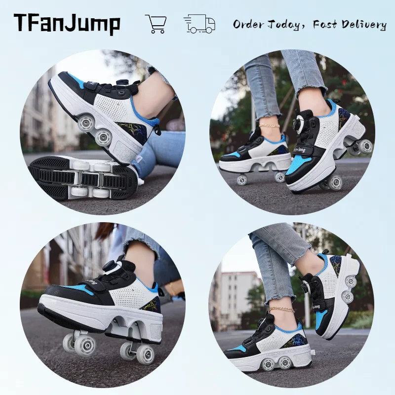 Deformation Roller Skates Shoes Double Row 4-Wheel Skates Roller Shoes with Wheels Dual-Purpose Roller Sneakers Skateboard Shoes