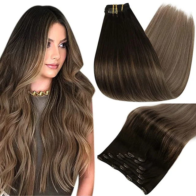 Full Shine Clip In Human Hair Extensions Balayage Ombre Blonde Black Hairpins 7pcs 120g Double Weft 100% Machine Remy For Woman 2 6 18