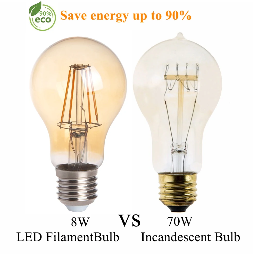 레트로 필라멘트 LED E27 전구 램프 A19 220V 8W 앰버 유리 70W 백열등 등가 LED 조명, 방 장, 10 개