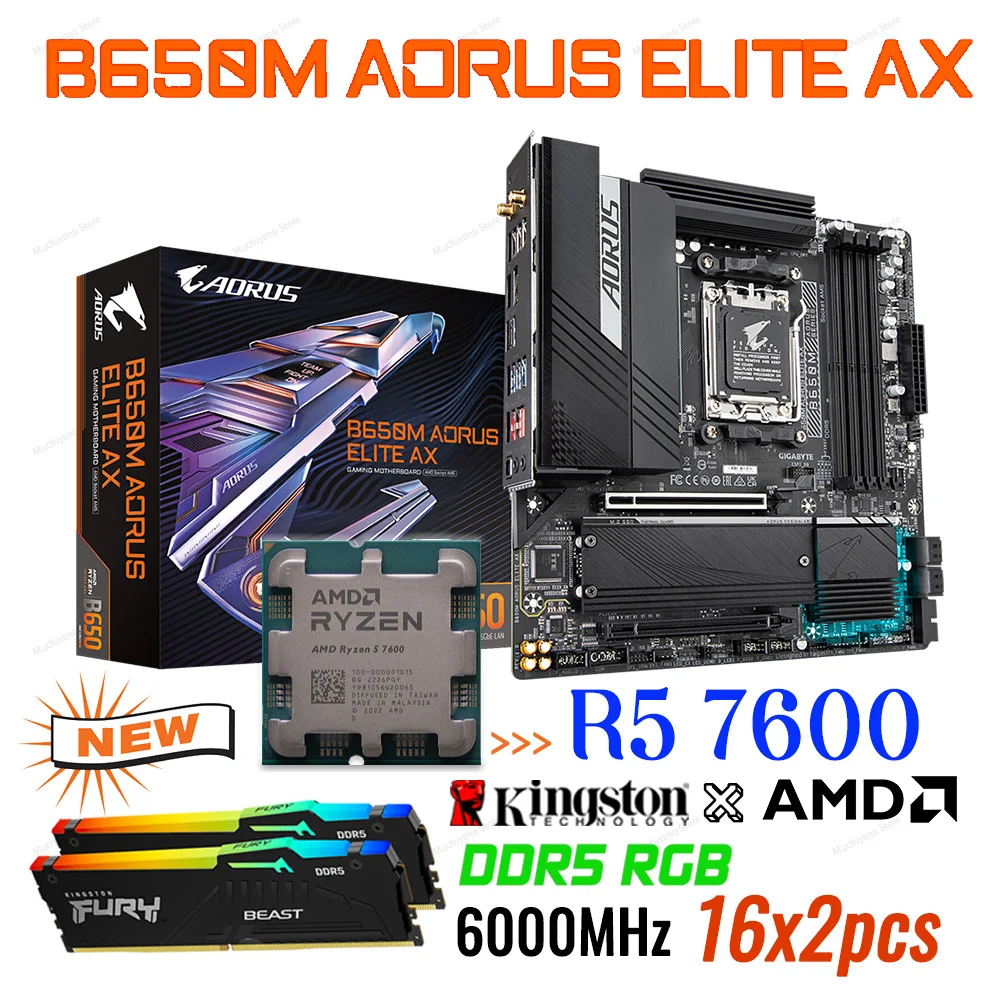 

AMD B650 Micro ATX Motherboard B650M AORUS ELITE AX Socket AM5 DDR5 Mainboard With R5 7600 CPU Processor Kingston 6000MHz 32GB