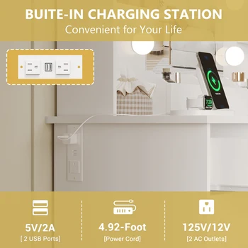 White Vanity Desk Set with Lights, Vanity Table with Charging Station, Modern Makeup Vanity Desk for Bedroom 4
