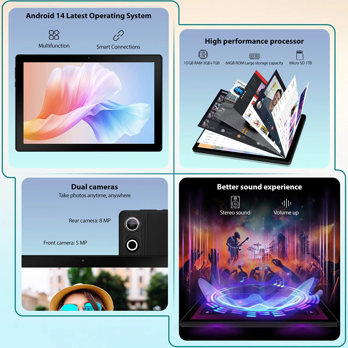A10 Tablet Android 14 10 Inch Tablets 10GB RAM 64GB ROM 1TB Expand Widevine L1 5000MAH Battery Dual Camera WiFi6 Face Unlock 5