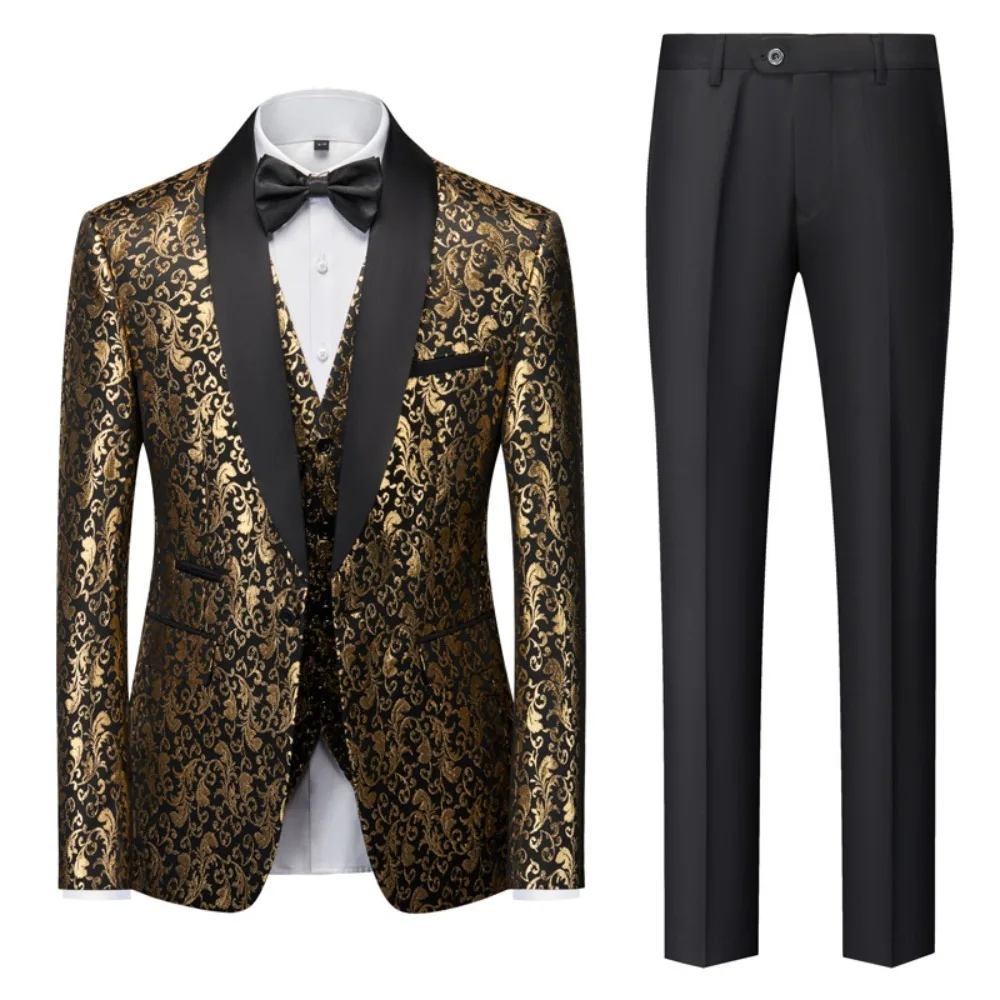Black and White Men's 3-Piece Suit with Gold Print View 2