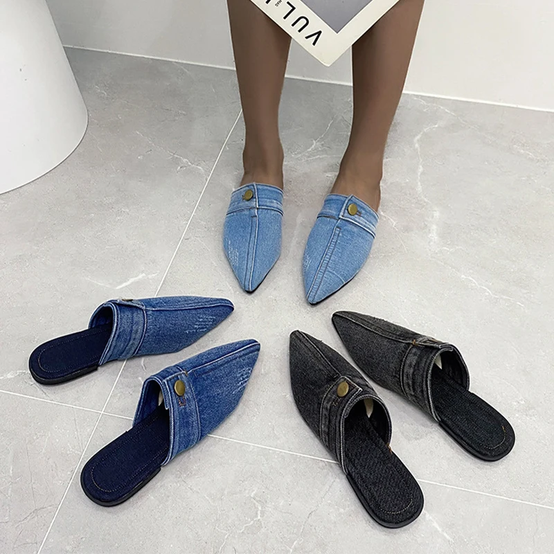2022 Super New Pointed Toe Denim Flat Bottom Half Slippers Women