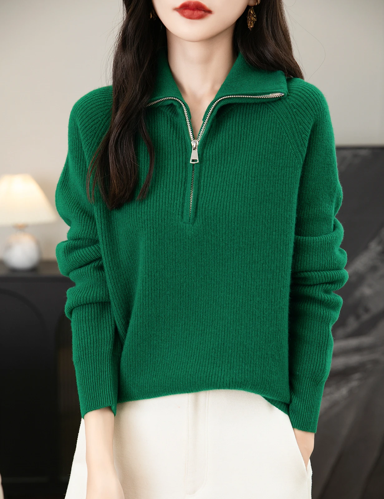 Turtleneck Wool Women's Sweater 100% Merino Wool Fall Winter Zip Pullover Casual Long Sleeve Knitted Sweater Top Female Clothing