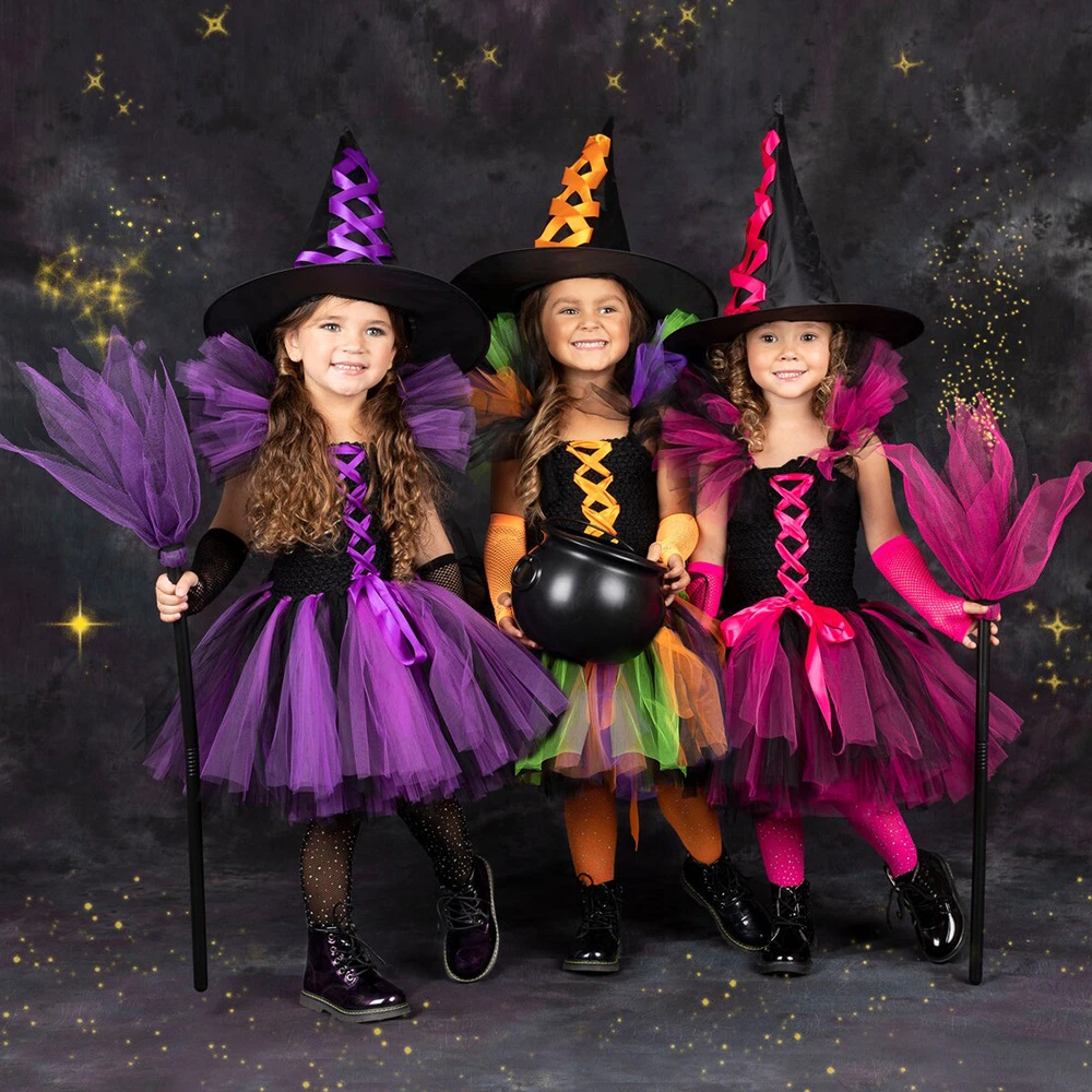 Disfraz de bruja de Halloween para niñas, vestido de tul para niños,  sombrero, traje de escoba, traje de fiesta de Cosplay de Carnaval| | -  AliExpress
