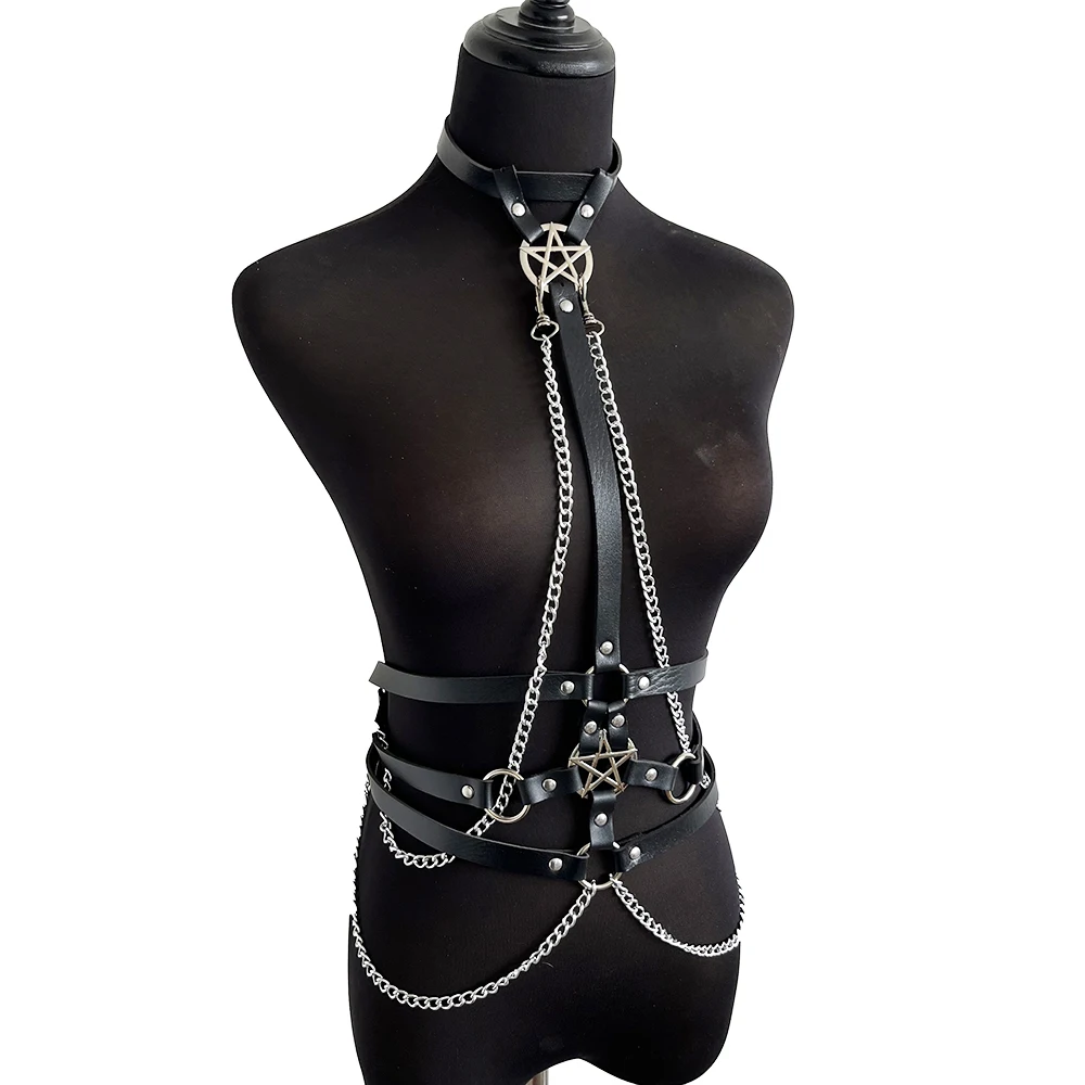 New Summer Sexy Pentagram Neck Chain Harness Women Belt Lingerie Bra Strap Gothic Adjustable Bondage Leather Waist Garter Belt