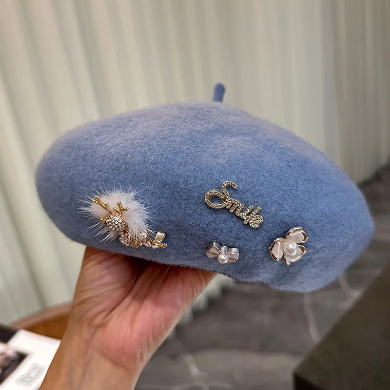 

Autumn and winter girls beret wool winter hat painter hat flat top French beret retro warm