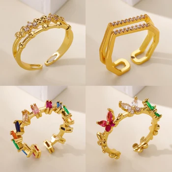 Geometric Colorful Zircon Butterfly Rings for Women Gold Color Irregular Open Ring Aesthetic Wedding Jewelry Gift
