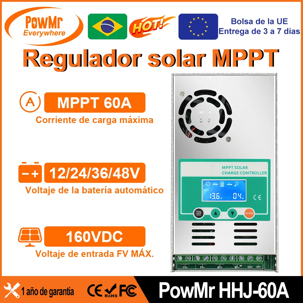 PowMr MPPT 60A Solar Charge Controller Work for 12V 24V 36V 48V Lithium Lead Acid Battery With LCD Display Max PV 160VDC Input