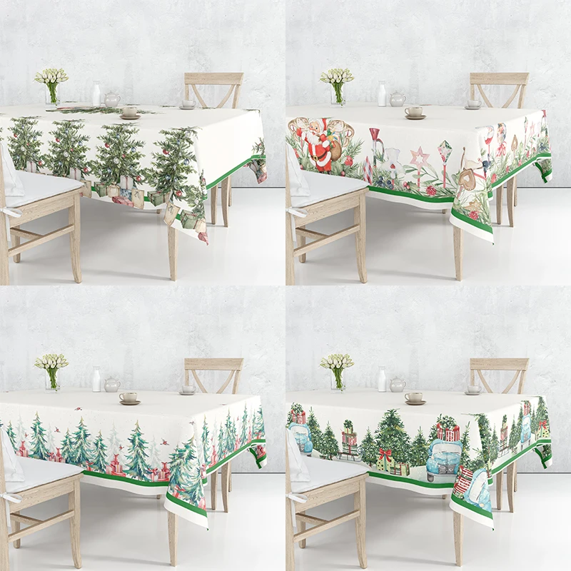 

Christmas Trees Poinsettia Snowman Reindeers Robin Bird Linen Decorative Tablecloth Dustproof Table Cover Multiple Size