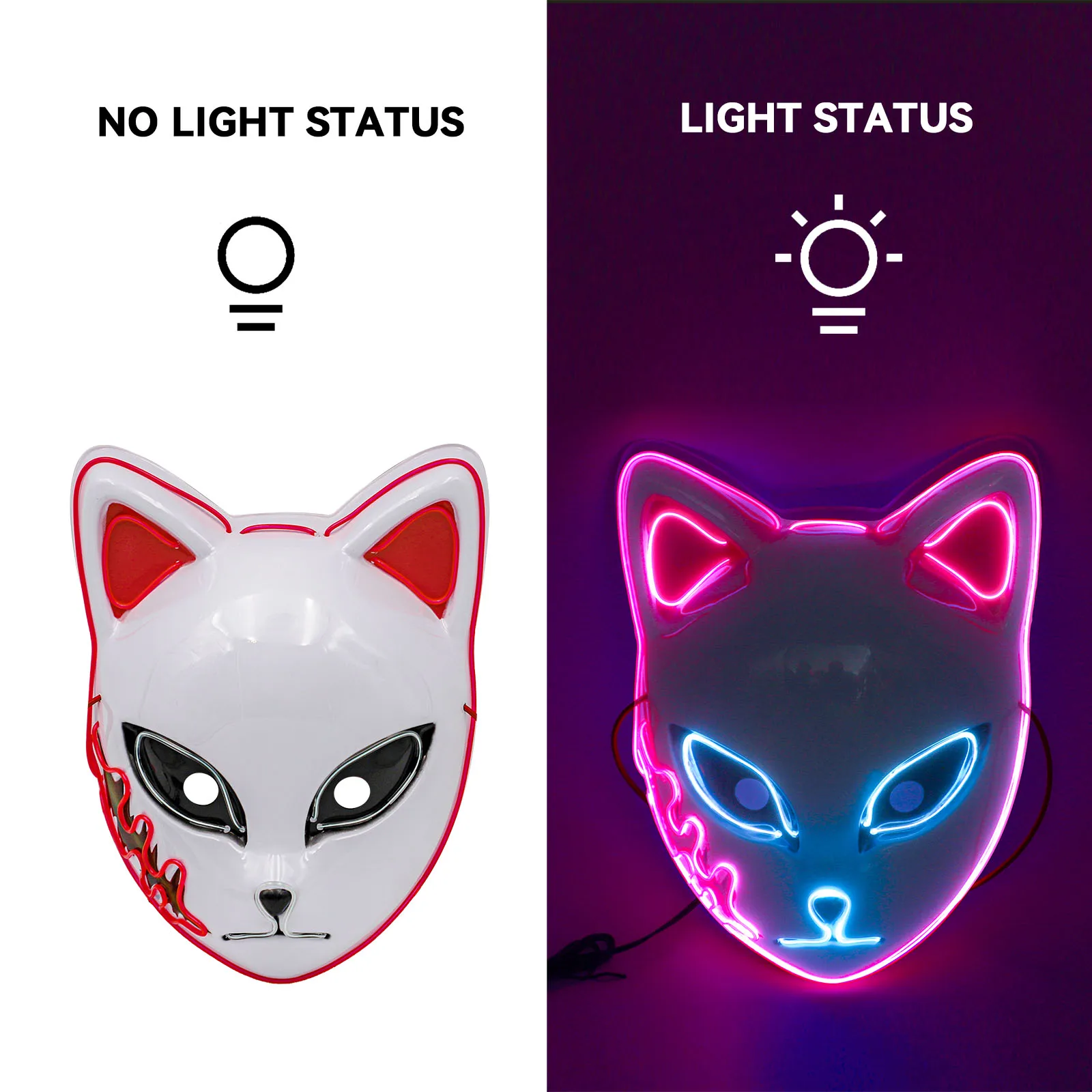 LED Glowing Cat Face Mask For Women Demon Slayer Cold Light Fox Mask  Masquerade Cosplay Props Bar Haunted House Party Decor