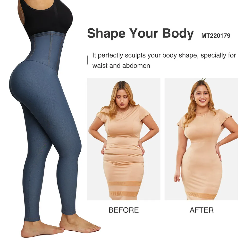 여성 Fajas 레깅스 데님 소재 허리 트레이너, 하이 스트레치 뱃살 컨트롤 슬리밍 팬츠