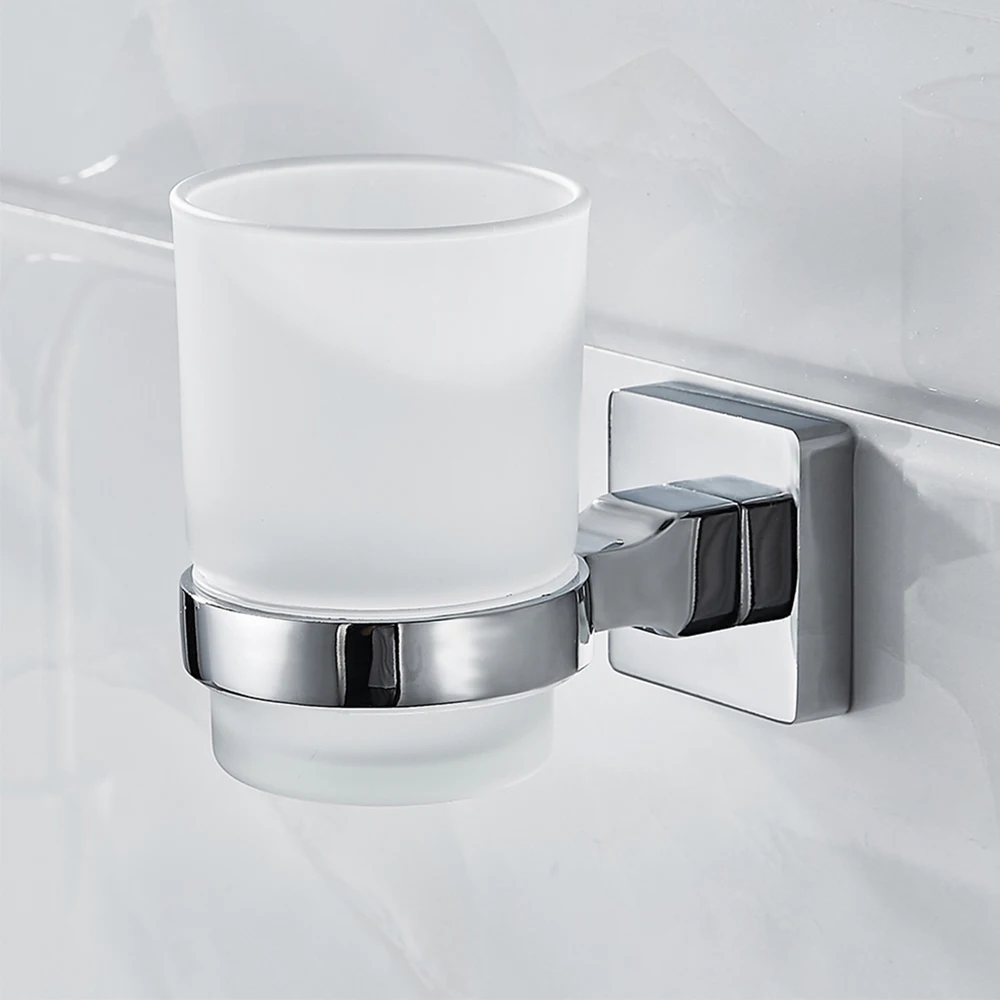 Bathroom Wall-Mounted Toothbrush Holder Frosted Glass Cup Tumbler Zinc Alloy Frame Toothpaste Razor Organizer Bathroom Storage toothbrush holder toothpaste dispenser bathroom storage rack