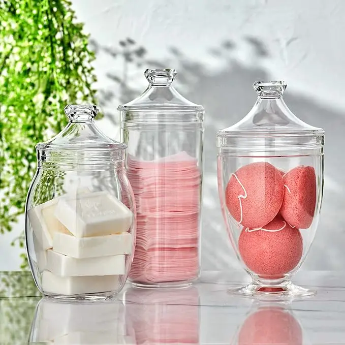 Plastic Apothecary Jars, 3-Piece Set (52/46/46 oz), Acrylic Jars with Lids, Bathroom Canisters, Candy Buffet, Wedding Display 2