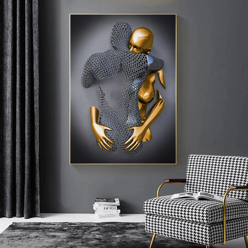 Gold And Silver Figure Statue Canvas Painting Metal Sculpture Poster Romantic Lovers Pictures Modern Wall Art Home Decor Prints