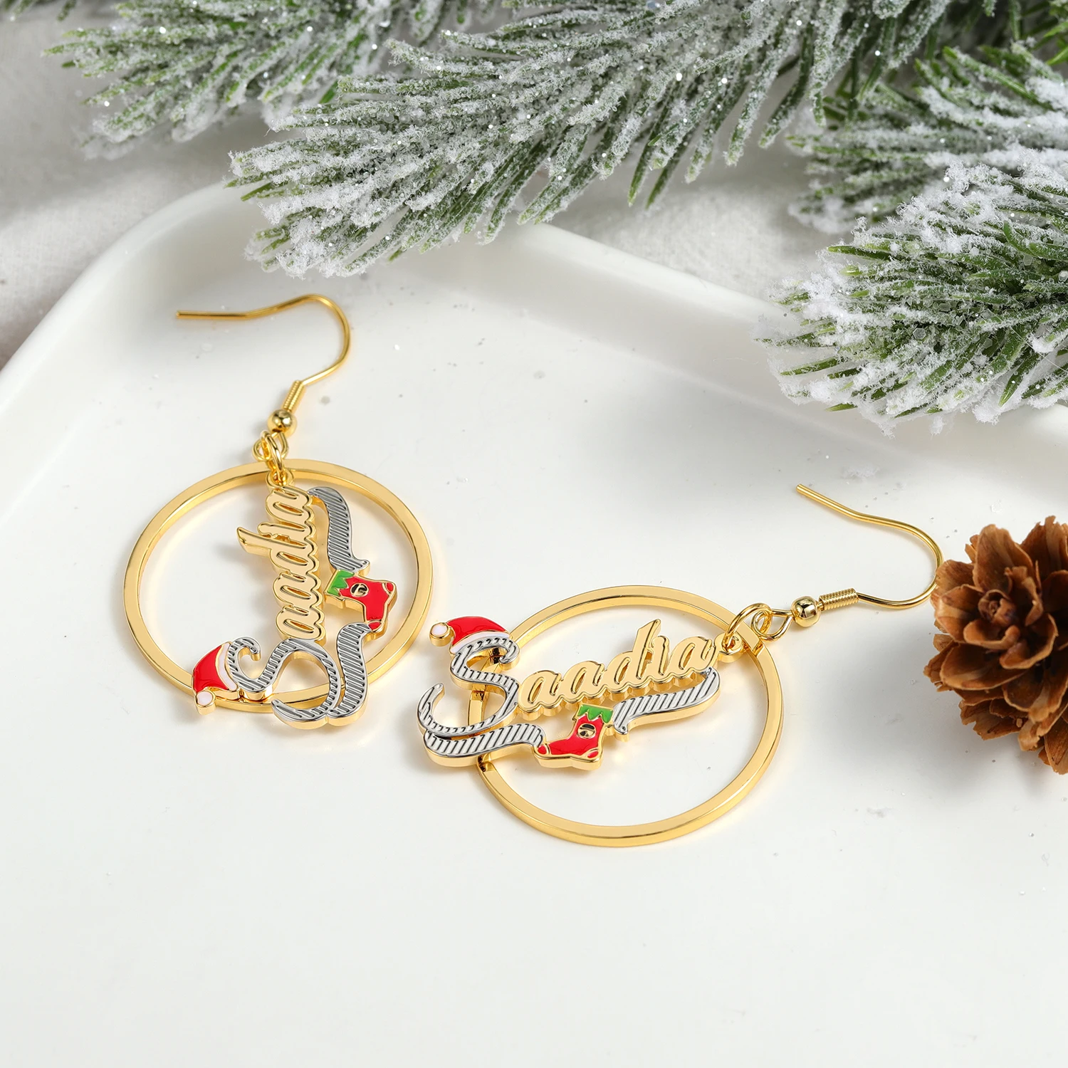 New Christmas Gift Customized Earrings Name 18K Gold-Plated Two Tone Gold Plated Hoop Personalized Name Earrings for Women Girls earrings christmas tree rhinestone alloy earrings in silver size one size