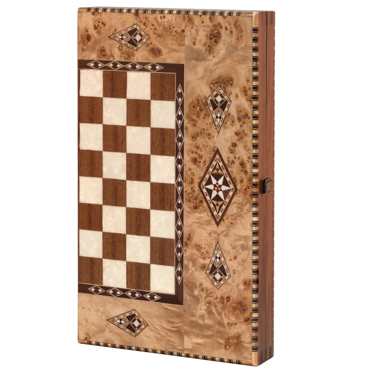 20.5 Inch King Backgammon Board Game Set | Burl Luxury Solid Wood Large Mosaic Embroidery Boxwood Chips Checkers personalized luxury big size natural walnut wood coated backgammon board game set with boxwood chips dice checkers stones