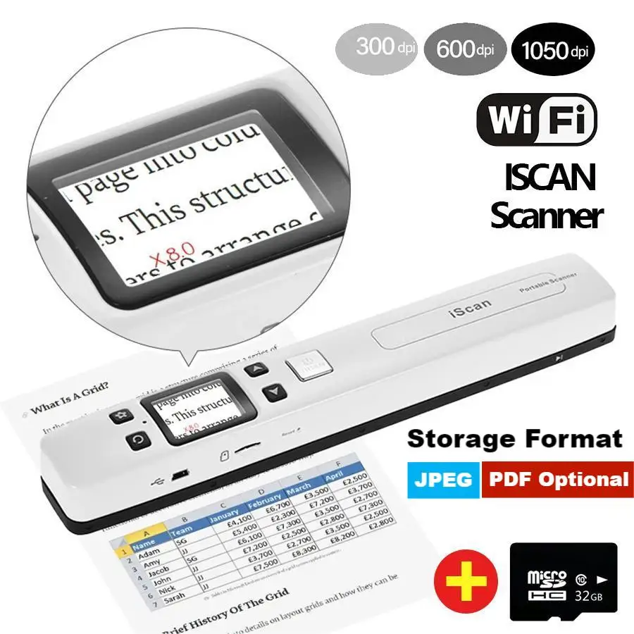 IScan A4 Mini Portable Office Scanner 8G 16G 32G With LCD Display 1050
