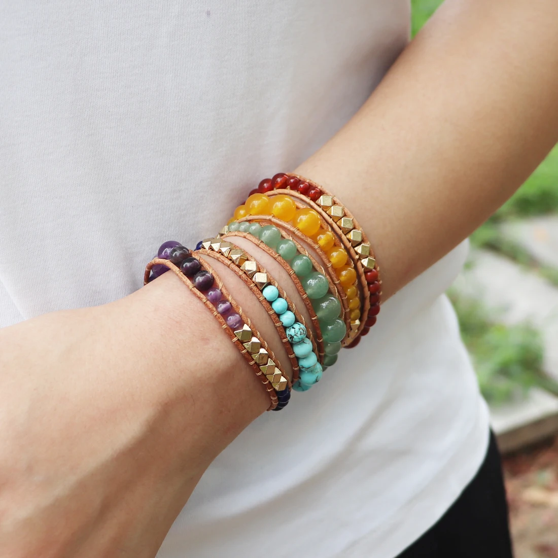 Multilayered Leather Wrap Bracelet W/ Natural Stone Chakra Beaded Strands Bracelet Boho Beads Jewelry Wholesale Dropshipping