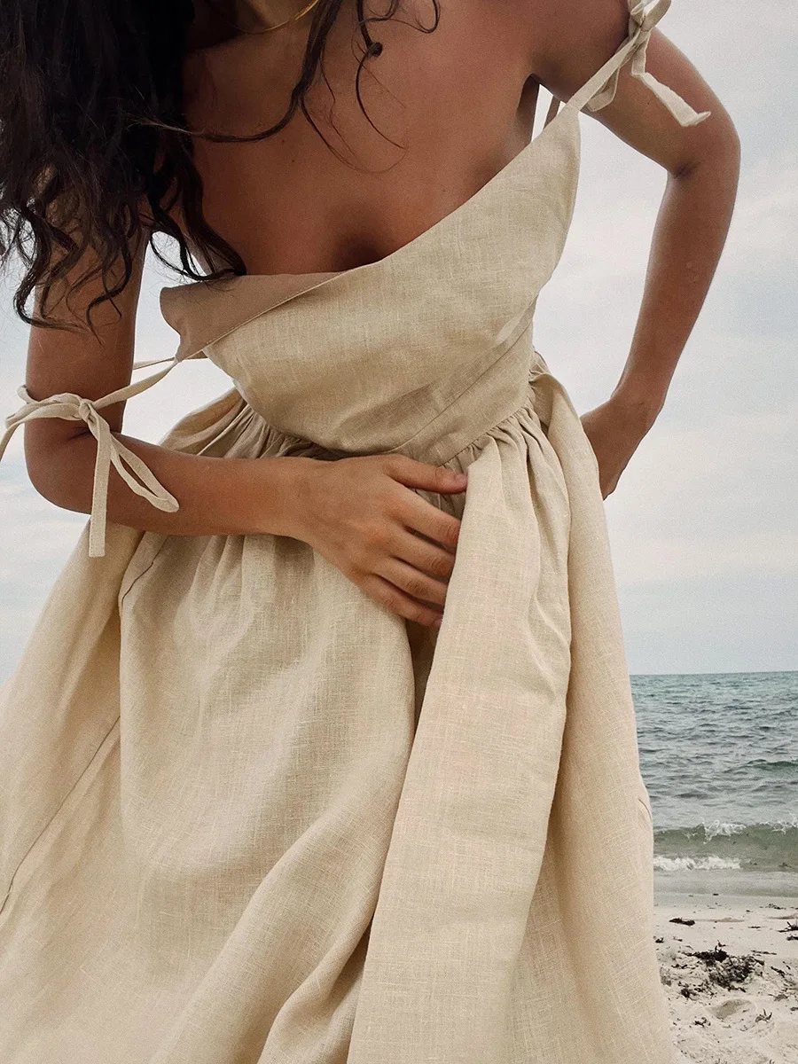 여성용 우아한 섹시한 백리스 드레스, 모리 스타일, V-넥, 세련된 해변 원피스, 휴일 패션 의상, 서스펜더 여름