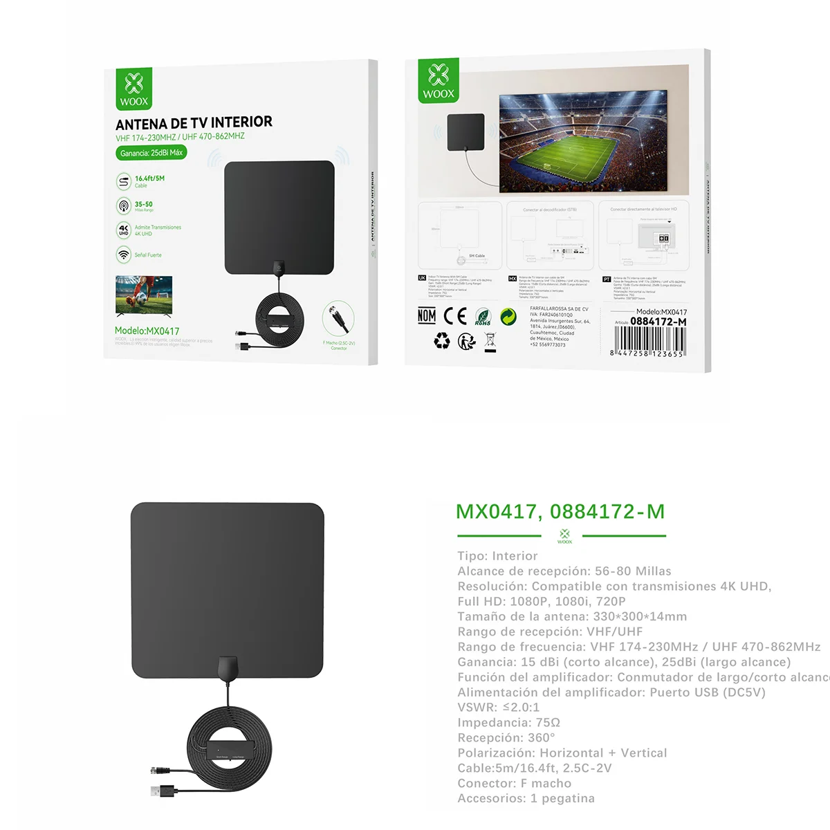WOOX Indoor Digital TV Antenna 4K UHD, 25Dbi Gain with USB Amplifier, 35-50 Mile Range, 5M Cable, F Connector, Black – for Smart TV, Decoder, HD Channel Reception