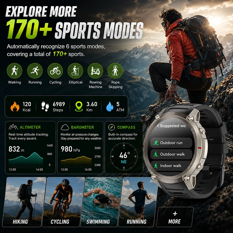 Smartwatch da uomo con GPS, orologio di alta gamma, impermeabile per il nuoto, sensore a sei assi, GPS ad alta precisione, bussola, Smartwatch sportivo. - immagine 5