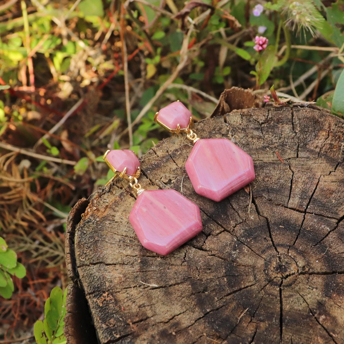 New Women Chic Hyperbole Earrings Bold Fashion Stud Earring Rhodochrosite Stones Teengirls Jewelry Bijoux Wholesale