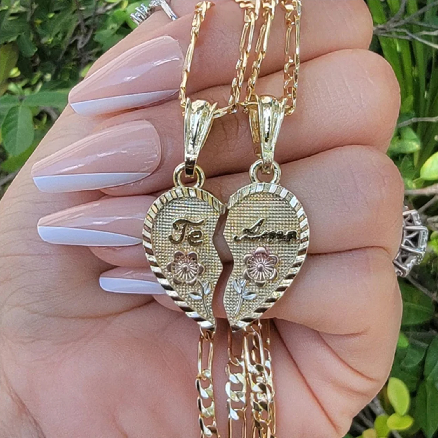 Heart Necklace TE AMO Two Piece Set Figaro Chain Rose Pendant