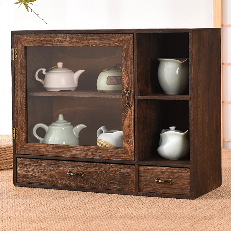 Solid wood dustproof desktop storage box modular detachable cosmetic shelf tea set organizer tea cup holder bookcase teapot latt 2