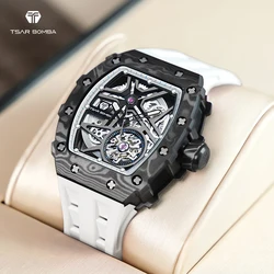 TSAR BOMBA Carbon Fiber Mens Automatic Watch Waterproof Luxury Mechanical Wristwatch Skeleton Clock Tonneau Watch for Men