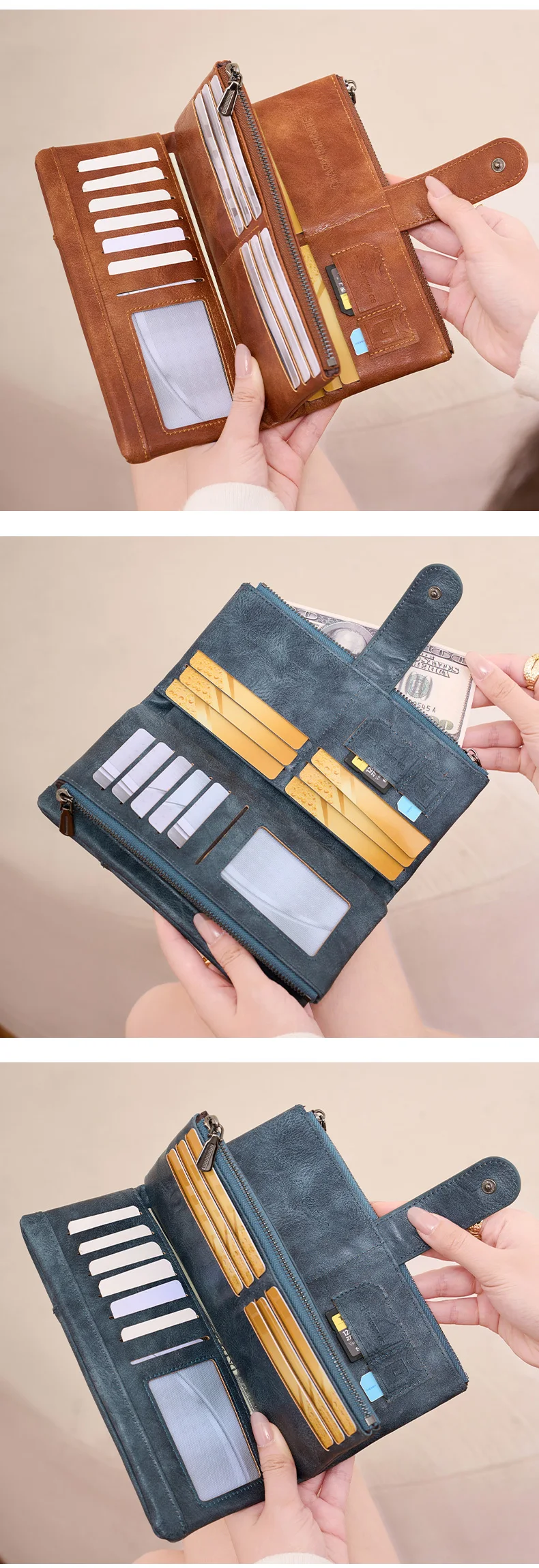 RFID-Diebstahlschutz-Damenbrieftasche, Retro-Kreditkartenetui mit doppeltem Reißverschluss und großem Fassungsvermögen, modische, einfache dreifach gefaltete lange Clutch-Tasche – Detail 8