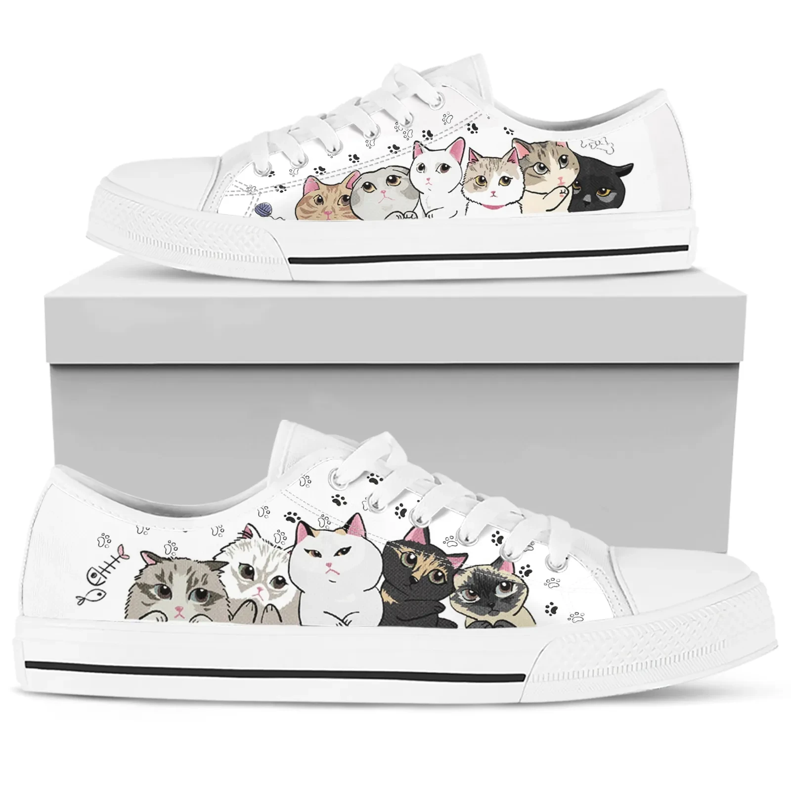 Cute Cartoon Cat abstract Cat Design for Woman Classic Low Top Canvas Shoes White Lace-up Sneakers Loafers Casual Soft Footwear