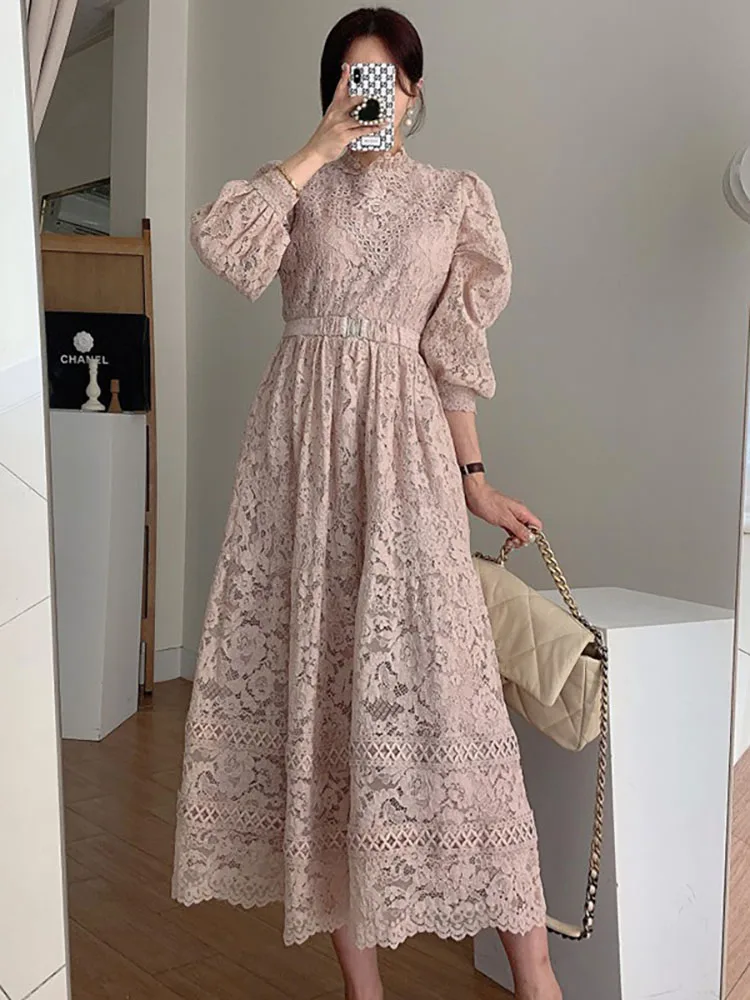 In Stock With Belt Spring Xinli Collar Lace Hook Flower High Waist Large Swing Birthday Party Ready-To-Wear Dress